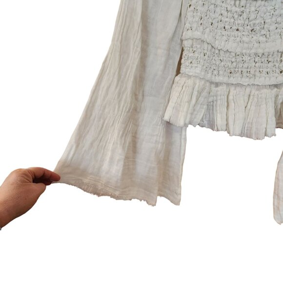 Free People FP One White Smocked Ruffle Crop Top With Flowing Sleeves Size XS - Picture 3 of 4